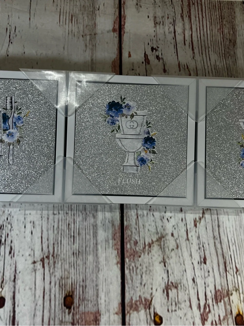 Crystal Luxe Decor Bathroom Accent Silver Glitter Triptych w/ Blue Floral Motif